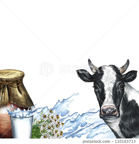 A frame with a cow and dairy products and a splash of milk. A hand-drawn watercolor illustration. For milk advertising banner, packaging of dairy product labels. For posters, prints, business cards. A frame with a cow and dairy products and a splash of milk. A hand-drawn watercolor illustration. For milk advertising banner, packaging of dairy product labels. For posters, prints, business cards. 110183713