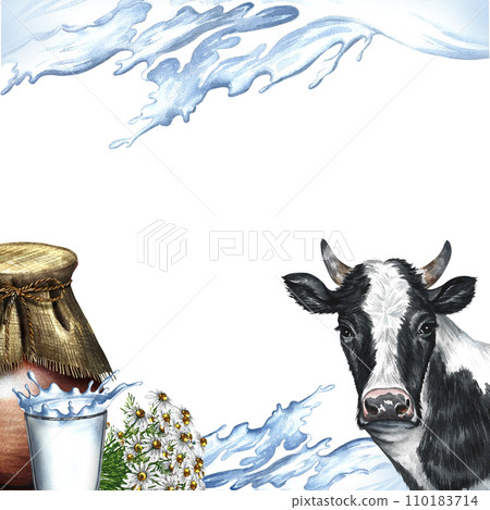 A frame with a cow and dairy products and a splash of milk. A hand-drawn watercolor illustration. For milk advertising banner, packaging of dairy product labels. For posters, prints, business cards. 110183714