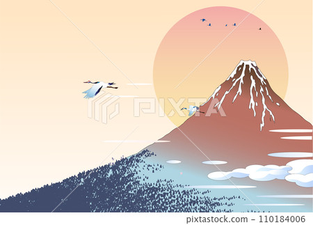 New Year's card material where an airship flies to Red Fuji of Ukiyo-e scenery New Year's card material where an airship flies to Red Fuji of Ukiyo-e scenery 110184006