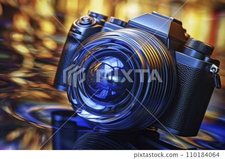 AI-generated content. Stunning close-up of a professional camera lens with a dynamic reflection 110184064