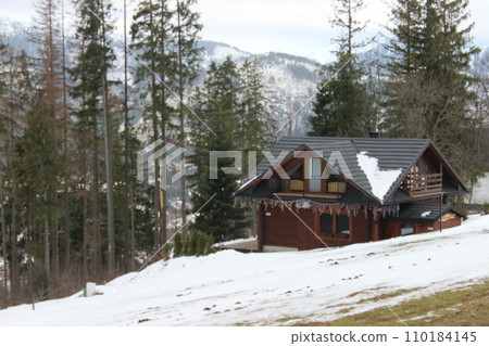 Beautiful wooden houses for recreation on the background of snow-capped mountains Beautiful wooden houses for recreation on the background of snow-capped mountains 110184145