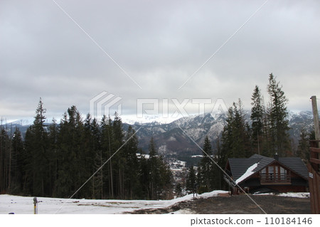 Beautiful wooden houses for recreation on the background of snow-capped mountains Beautiful wooden houses for recreation on the background of snow-capped mountains 110184146