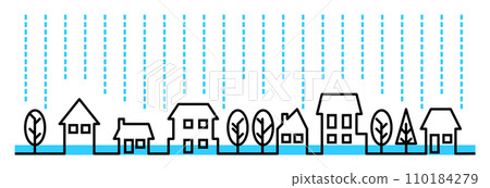 由於大雨或暴雨災害等自然災害而從側面被淹沒的城市景觀中的建築物的橫截面圖 110184279