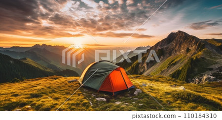 AI-generated content. Small tourist tent on the top of the mountain with beautiful view, scenery landscape, tourist and hiking concept AI-generated content. Small tourist tent on the top of the mountain with beautiful view, scenery landscape, tourist and hiking concept 110184310