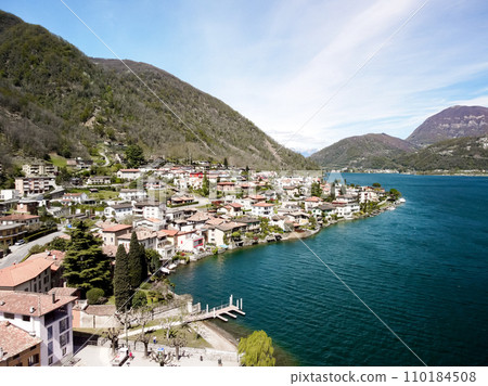Porlezza small town on Lake Lugano, Italy 110184508