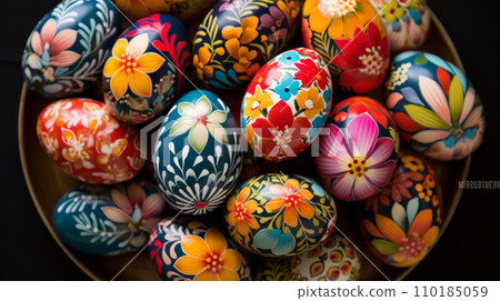 Hand painted Easter eggs flat lay, with detailed floral patterns in variety of vibrant colors on dark background, traditional egg painting, Easter customs worldwide 110185059