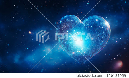 Vibrant blue light heart from dynamic light trail against dark blue space backdrop with stars and galaxies. Eternal love symbolism. Cosmic Valentine's day card. Banner with copy space 110185069
