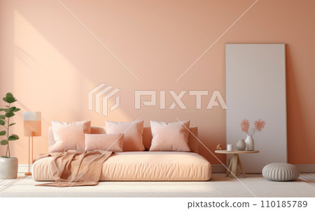AI-generated content. Living room with sofa in the Peach Fuzz color, the trendy color of the 2024 AI-generated content. Living room with sofa in the Peach Fuzz color, the trendy color of the 2024 110185789