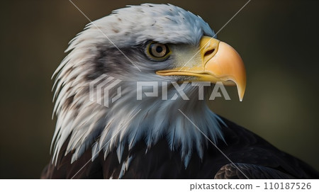 Close up portrait shot of Bald Eagle Haliaeetus Leucocephalus white head with sharp gaze. Close up portrait shot of Bald Eagle Haliaeetus Leucocephalus white head with sharp gaze. 110187526