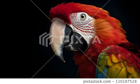 Close up portrait shot Red Scarlet Macaw bird isolated on black. 110187528