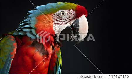 Close up portrait shot Red Scarlet Macaw bird isolated on black. 110187530