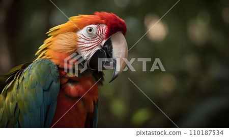 Close up portrait shot Red Scarlet Macaw parrot bird nature blur bokeh background. 110187534