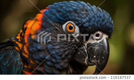Close up portrait shot Red Scarlet Macaw parrot bird nature blur bokeh background. 110187537
