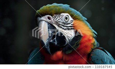 Close up portrait shot Red Scarlet Macaw parrot bird nature blur bokeh background. 110187545
