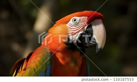 Close up portrait shot Red Scarlet Macaw parrot bird nature blur bokeh background. Close up portrait shot Red Scarlet Macaw parrot bird nature blur bokeh background. 110187553
