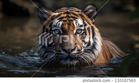 Close up portrait ferocious carnivore tiger stare or looking at the camera and get out from the water. 110187563