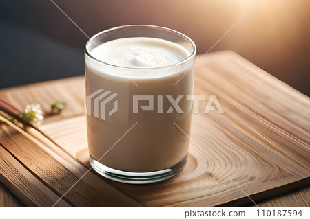 A glass of white diary milk at the table in a good product presentation for text blurry or bokeh background. 110187594