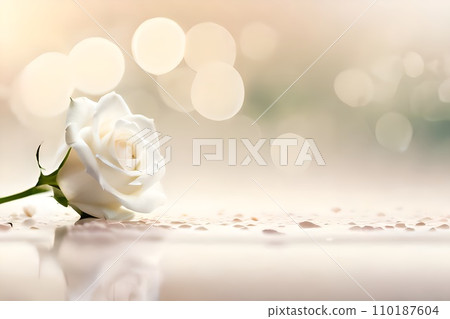A white rose flower with soft white blur background and backdrop with copy space for text, good for product presentation and commercial or romantic couple greeting or banner. 110187604
