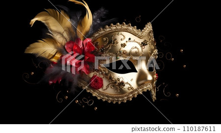 A gold half face carnival mask festival high detail beautiful isolated on black background for concept and commercial used. 110187611