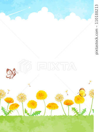 Landscape illustration with blooming dandelions painted in watercolor 110188213