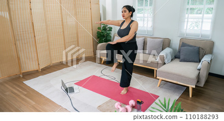 Cheerful attractive young overweight woman in activewear choosing healthy lifestyle Cheerful attractive young overweight woman in activewear choosing healthy lifestyle 110188293