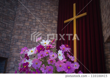 church cross and flowers church cross and flowers 110188415