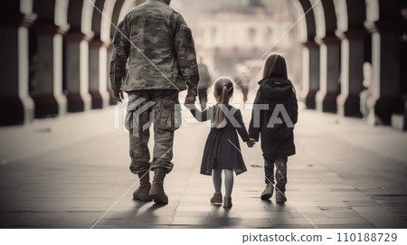 Soldier walk hand in hand with their children Soldier walk hand in hand with their children 110188729
