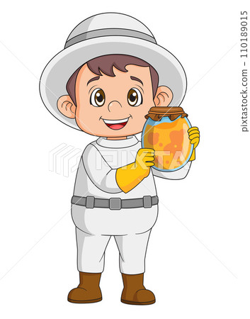 Beekeeper in suit hat at beehive with a big jar of honey of illustration Beekeeper in suit hat at beehive with a big jar of honey of illustration 110189015