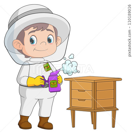Beekeeper in suit hat at beehive with smoker of illustration Beekeeper in suit hat at beehive with smoker of illustration 110189016