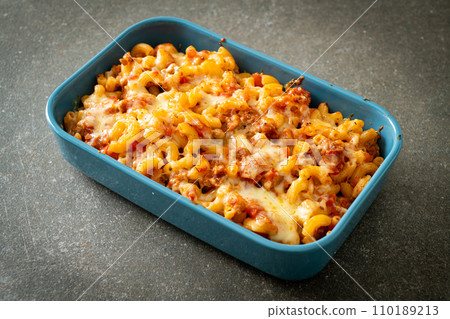 homemade macaroni bolognese with cheese homemade macaroni bolognese with cheese 110189213