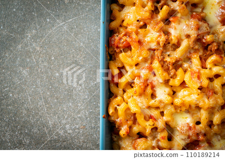 homemade macaroni bolognese with cheese homemade macaroni bolognese with cheese 110189214