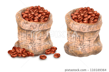 Composition of coffee beans in a woven canvas bag for harvesting. Front view. Coffee day. Aromatic caffeine drink. Cappuccino, mocha, espresso, latte. Watercolor illustration. Isolated hand art. Composition of coffee beans in a woven canvas bag for harvesting. Front view. Coffee day. Aromatic caffeine drink. Cappuccino, mocha, espresso, latte. Watercolor illustration. Isolated hand art. 110189364