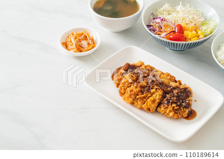 Tonkatsu - Japanese pork cutlet deep fried with rice set Tonkatsu - Japanese pork cutlet deep fried with rice set 110189614
