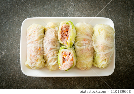 Minced Pork Wrapped in Chinese Cabbage or Steamed Cabbage Stuff Mince Pork Minced Pork Wrapped in Chinese Cabbage or Steamed Cabbage Stuff Mince Pork 110189668