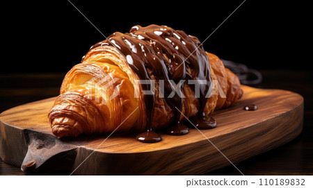 Croissant with chocolate and caramel on a wooden board Croissant with chocolate and caramel on a wooden board 110189832
