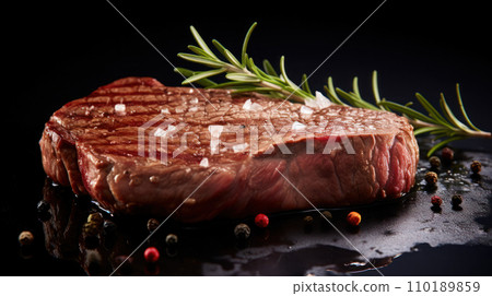 Beef steak placed on a reflective black surface 110189859