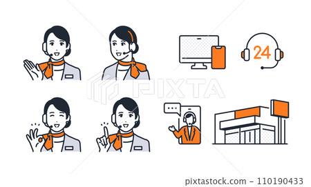 Simple vector icon illustration set material of a female salesperson with an intercom Simple vector icon illustration set material of a female salesperson with an intercom 110190433