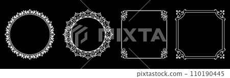 Set of decorative frames Elegant vector element for design in Eastern style, place for text. Floral black and white borders. Lace illustration for invitations and greeting cards. Set of decorative frames Elegant vector element for design in Eastern style, place for text. Floral black and white borders. Lace illustration for invitations and greeting cards. 110190445