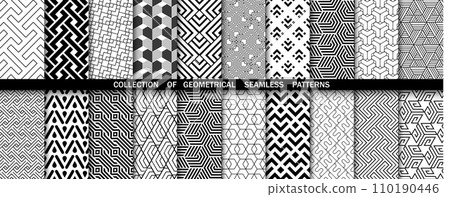 Geometric set of seamless black and white patterns. Simple vector graphics Geometric set of seamless black and white patterns. Simple vector graphics 110190446