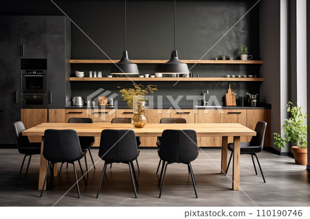modern kitchen with wood table and wood floor 110190746