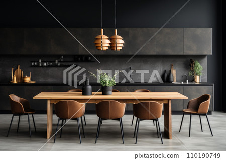 modern kitchen with wood table and counter 110190749