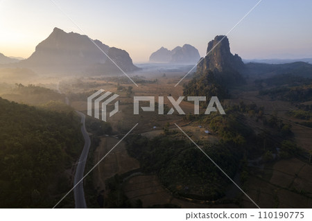 Top view Landscape of Morning Mist with Mountain Layer at Meuang Feuang 110190775