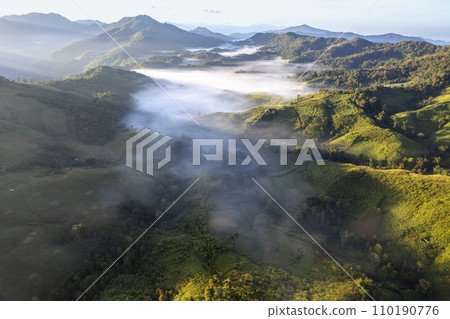 Top view Landscape of Morning Mist with Mountain Layer 110190776