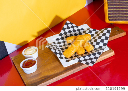 fries fish finger with ketchup and mayonnaise fries fish finger with ketchup and mayonnaise 110191299