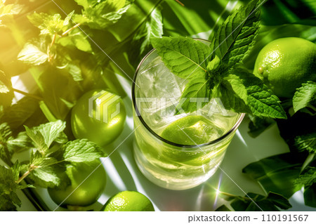 AI-generated content. Fresh mojito drinks with lime and mint under shadows of palm leaves ai 110191567