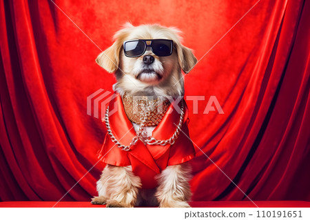 AI-generated content. dog in glamorous attire and sunglasses, striking poses as if it were a famous 110191651