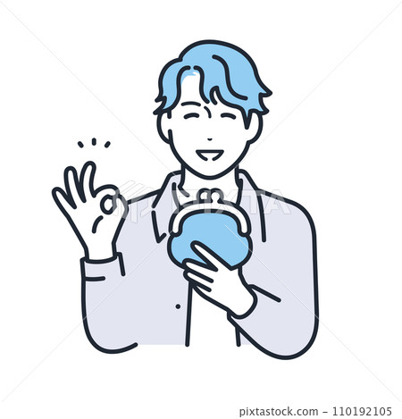 Simple vector illustration of a young man in casual clothes smiling and holding a wallet 110192105