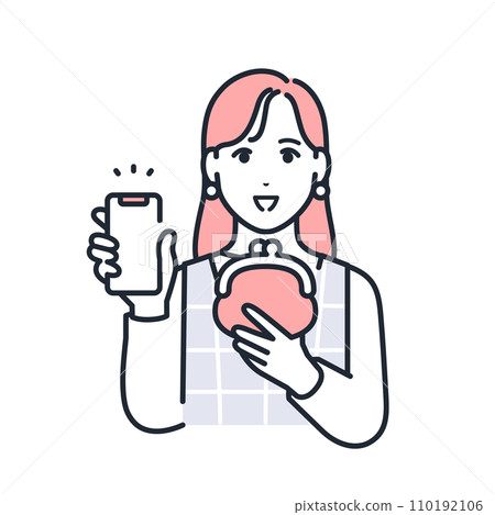 Simple vector illustration of a fashionable young woman holding a smartphone and wallet Simple vector illustration of a fashionable young woman holding a smartphone and wallet 110192106