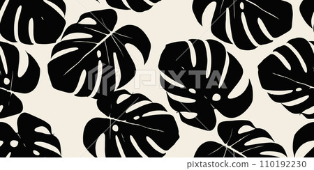 Monstera leaf seamless pattern. Hand drawn tropical leaves. Modern print in black and white color. natural ornaments for textile, fabric, wallpaper, home decor, background. Monstera leaf seamless pattern. Hand drawn tropical leaves. Modern print in black and white color. natural ornaments for textile, fabric, wallpaper, home decor, background. 110192230