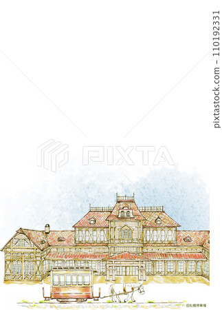 Colored pencil drawing Old Sapporo station vertical 110192331